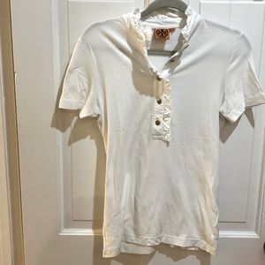 Tory Burch Ladies’ Small white polo golf shirt w/ruffle, gold logo buttons